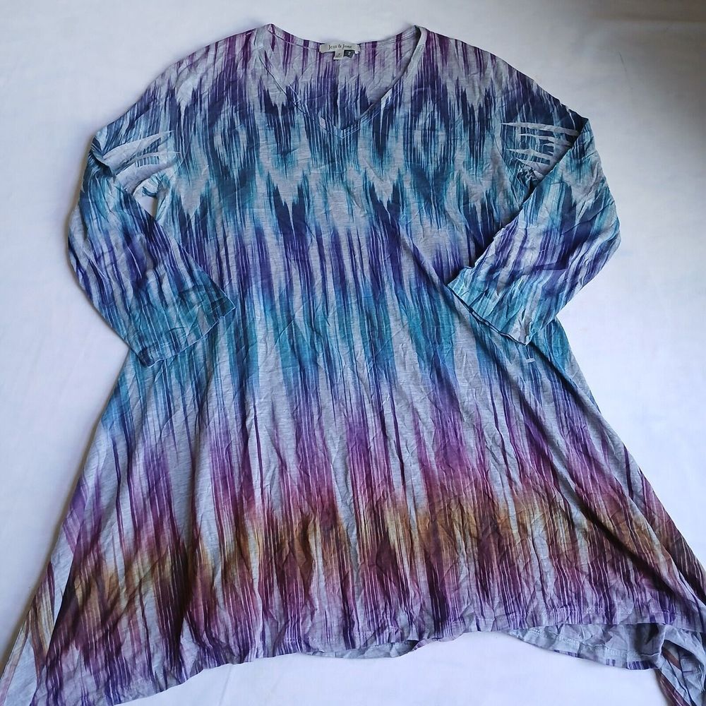 Jess And Jane Top Small Colorful Shark Bite‎ Hem Artsy Lagenlook USA Made